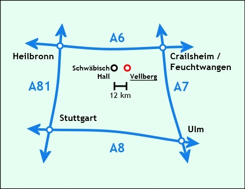 Lageplan zeigt an, dass Vellberg in Baden-Württemberg ca. 12 km von Schwäbisch Hall entfernt ist.